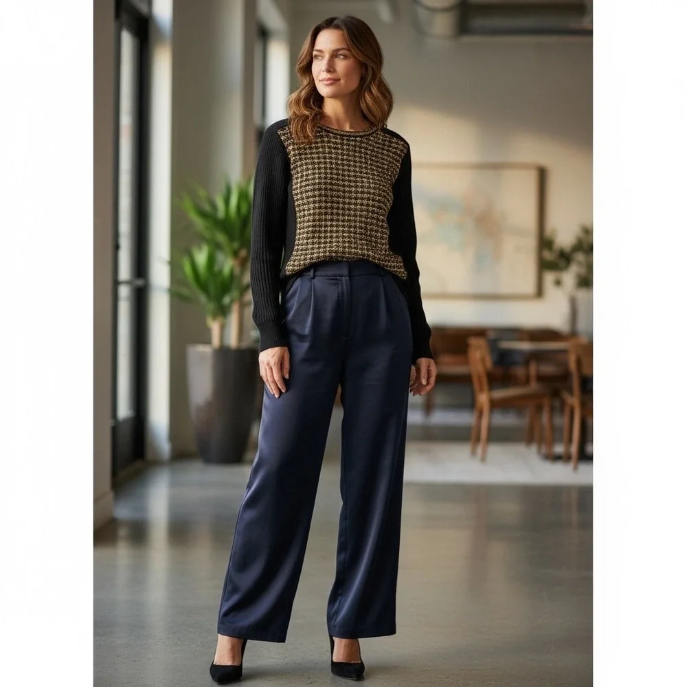 Tory Burch Black Knit Sweater Textured‎ Metallic Front Panel XS